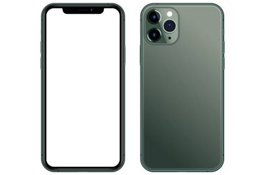 Anapa, Rusya Federasyonu - 17 Eylül 2019: New Midnight Green Iphone 11 Pro, Ön ve arka taraf. Akıllı telefon beyaz ekranla dalga geçer. Uygulama, web, sunum, tasarım için çizim.