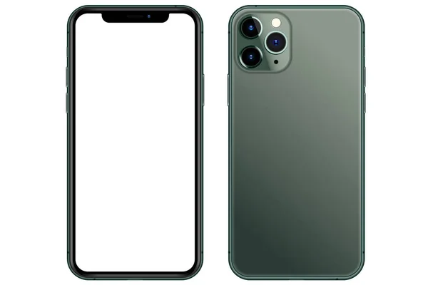 Anapa, Rusya Federasyonu - 17 Eylül 2019: New Midnight Green Iphone 11 Pro, Ön ve arka taraf. Akıllı telefon beyaz ekranla dalga geçer. Uygulama, web, sunum, tasarım için çizim.