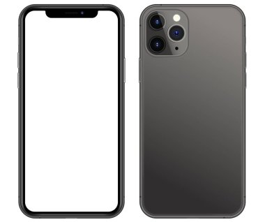 Anapa, Rusya Federasyonu - 17 Eylül 2019: Apple, Ön ve arka taraf tarafından New Space Gray Iphone 11 Pro. Akıllı telefon beyaz ekranla dalga geçer. Uygulama, web, sunum, tasarım için çizim. 