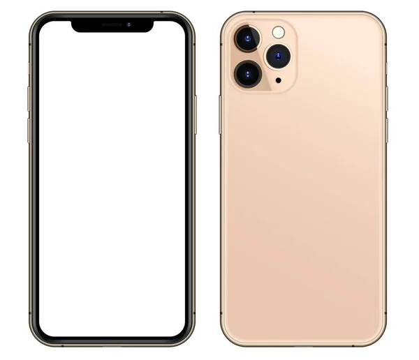 Anapa, Rusya Federasyonu - 17 Eylül 2019: Apple, Ön ve arka taraf yeni Golden Iphone 11 Pro. Akıllı telefon beyaz ekranla dalga geçer. Uygulama, web, sunum, tasarım için çizim.