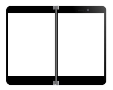 Anapa, Rusya Federasyonu - 3 Ekim 2019: Görüntü ikili ekran aygıtı Surface Duo Microsoft. Akıllı telefon beyaz ekran ile modellenir. Web, tasarım, uygulama kavramı