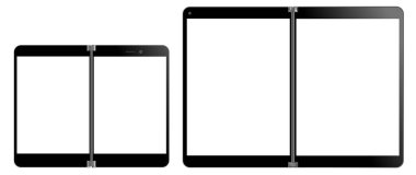 Anapa, Rusya Federasyonu - 3 Ekim 2019: Vektör illüstrasyon çift ekran aygıtı Surface Duo ve Surface Neo Microsoft. Akıllı telefon ve tablet beyaz ekran ile taklit edilir. Web ve tasarım kavramı