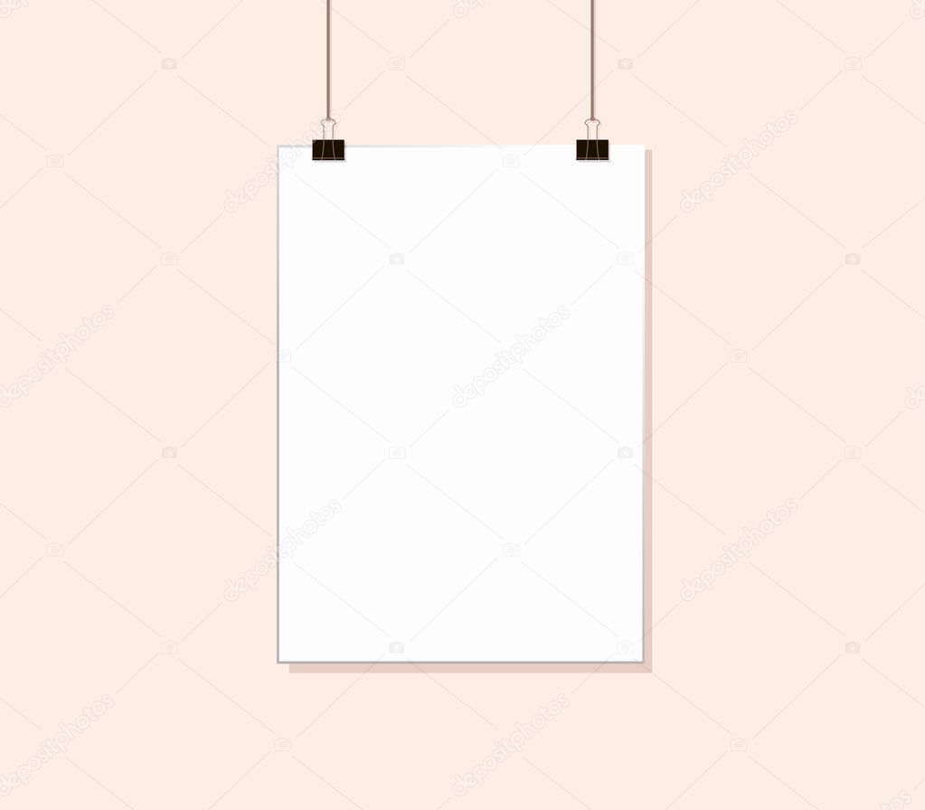 White poster mock up hanging on rope with paper clips near pale Pink color wall. Blank Canvas Mockup design template. 