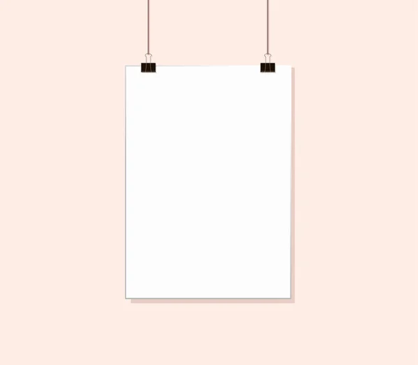 薄いピンク色の壁の近くに紙クリップでロープにぶら下がっている白いポスターモックアップ ブランクキャンバス Mockupデザインテンプレート — ストックベクタ