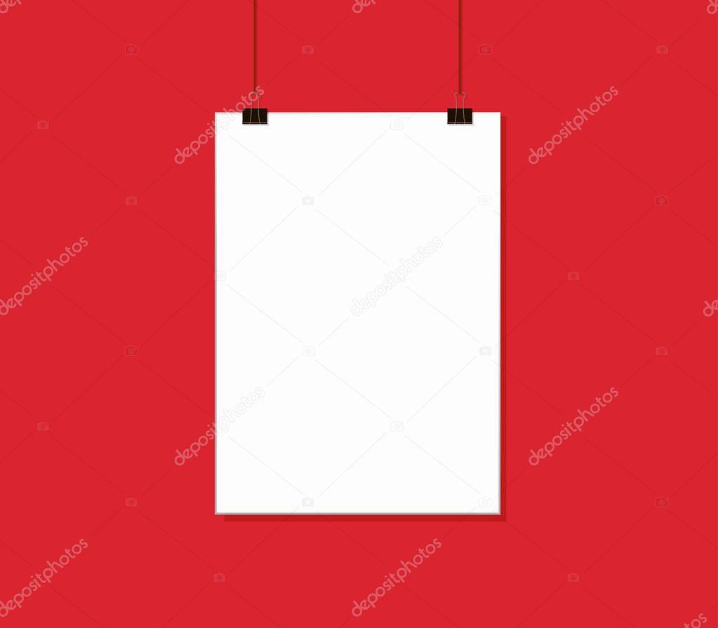 White poster mock up hanging on rope with paper clips near red wall. Blank Canvas Mockup design template