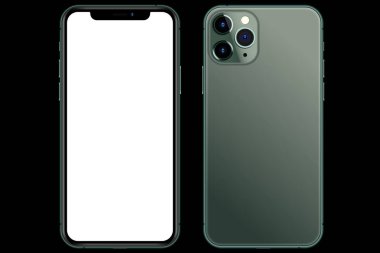 Anapa, Rusya Federasyonu - 17 Ekim 2019: Iphone 11 by Apple. Öne ve arkaya. Siyah, karanlık temalı Smartphone beyaz ekran ile taklit ediyor. Uygulama, web, sunum, tasarım için illüstrasyon