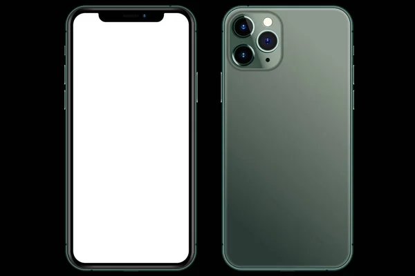 Anapa, Rusya Federasyonu - 17 Ekim 2019: Iphone 11 by Apple. Öne ve arkaya. Siyah, karanlık temalı Smartphone beyaz ekran ile taklit ediyor. Uygulama, web, sunum, tasarım için illüstrasyon