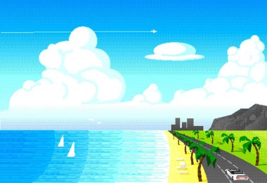Ocean, Los Angeles yakınlarında Palmiye ağaçları olan bir cadde. Yaz gününde deniz kenarında. Piksel, tasarım için 8 bit resim