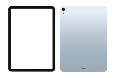 Anapa, Rusya Federasyonu - 16 Eylül 2020: iPad Air Blue Color by Apple. Tablet, Pad beyaz ekran kullanın. Öne ve arkaya. Uygulama, web, sunum, tasarım için Vektör İllüstrasyonu.
