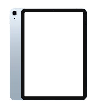 Anapa, Rusya Federasyonu - 16 Eylül 2020: iPad Air Blue Color by Apple. Tablet, Pad beyaz ekran kullanın. Öne ve arkaya. Uygulama, web, sunum, tasarım için Vektör İllüstrasyonu.