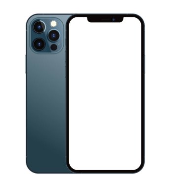 Anapa, Rusya Federasyonu - 13 Ekim 2020: New Pacific Blue Color Iphone 12 Pro Max, ön ve arka taraf. Akıllı telefon beyaz ekran ile modellenir. Uygulama, web, sunum, tasarım.
