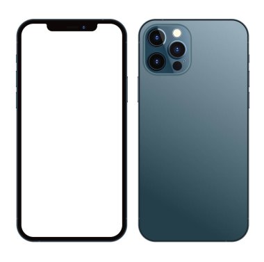 Anapa, Rusya Federasyonu - 13 Ekim 2020: New Pacific Blue Color Iphone 12 Pro Max, ön ve arka taraf. Akıllı telefon beyaz ekran ile modellenir. Uygulama, web, sunum, tasarım.