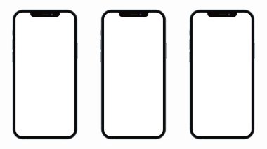 Anapa, Rusya Federasyonu - 14 Ekim 2020: New Iphone 12 Pro Max, ön taraf. Üç tane akıllı telefon beyaz ekran ile çalışıyor. Uygulama, web, sunum, tasarım
