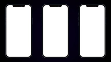Anapa, Rusya Federasyonu - 14 Ekim 2020: New Iphone 12 Pro Max, ön taraf. Üç akıllı telefon, siyah arka planda beyaz ekran ile modelleniyor. Uygulama, web, sunum, tasarım