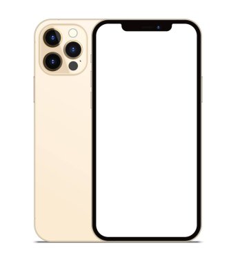 Anapa, Rusya Federasyonu - 15 Ekim 2020: New Gold Color Iphone 12 Pro Max, ön ve arka taraf. Akıllı telefon beyaz ekran ile modellenir. Uygulama, web, sunum, tasarım.