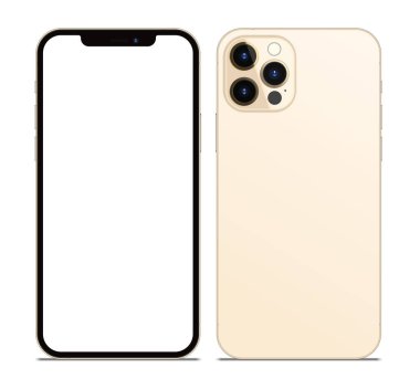 Anapa, Rusya Federasyonu - 15 Ekim 2020: New Gold Color Iphone 12 Pro Max, ön ve arka taraf. Akıllı telefon beyaz ekran ile modellenir. Uygulama, web, sunum, tasarım.