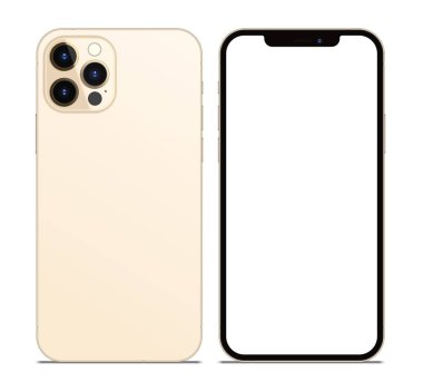 Anapa, Rusya Federasyonu - 15 Ekim 2020: New Gold Color Iphone 12 Pro Max, ön ve arka taraf. Akıllı telefon beyaz ekran ile modellenir. Uygulama, web, sunum, tasarım.