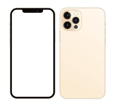 Anapa, Rusya Federasyonu - 15 Ekim 2020: New Gold Color Iphone 12 Pro Max, ön ve arka taraf. Akıllı telefon beyaz ekran ile modellenir. Uygulama, web, sunum, tasarım.