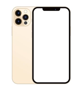 Anapa, Rusya Federasyonu - 15 Ekim 2020: New Gold Color Iphone 12 Pro Max, ön ve arka taraf. Akıllı telefon beyaz ekran ile modellenir. Uygulama, web, sunum, tasarım.