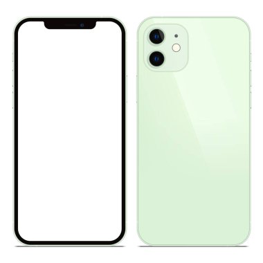 Anapa, Rusya Federasyonu - 18 Ekim 2020: New Green Color Iphone 12, ön ve arka taraf. Akıllı telefon siyah arka planda beyaz ekran ile modellenir. Uygulama, web, sunum, tasarım