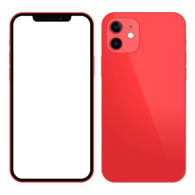 Anapa, Rusya Federasyonu - 18 Ekim 2020: Yeni Kırmızı Iphone 12, ön ve arka taraf. Akıllı telefon beyaz ekran ile modellenir. Uygulama, web, sunum, tasarım.