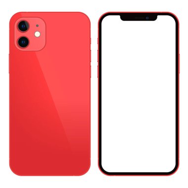 Anapa, Rusya Federasyonu - 18 Ekim 2020: Yeni Kırmızı Iphone 12, ön ve arka taraf. Akıllı telefon beyaz ekran ile modellenir. Uygulama, web, sunum, tasarım.