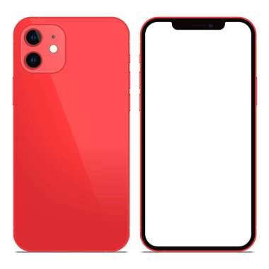 Anapa, Rusya Federasyonu - 18 Ekim 2020: Yeni Kırmızı Iphone 12, ön ve arka taraf. Akıllı telefon beyaz ekran ile modellenir. Uygulama, web, sunum, tasarım.