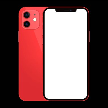 Anapa, Rusya Federasyonu - 18 Ekim 2020: Yeni Kırmızı Iphone 12, ön ve arka taraf. Akıllı telefon siyah arka planda beyaz ekran ile modellenir. - Evet. Uygulama, web, sunum, tasarım