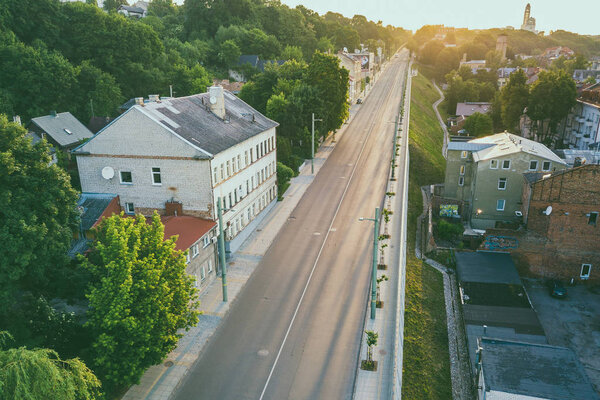 Early morning. Aerial view of Kaunas city center. Kaunas is the second-largest city in Lithuania and has historically been a leading centre of economic, academic, and cultural