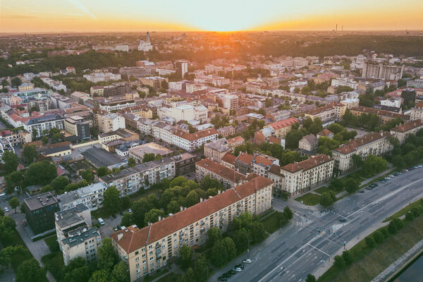 Sunmer sunset. Aerial view of Kaunas city center. Kaunas is the second-largest city in Lithuania and has historically been a leading centre of economic, academic, and cultural