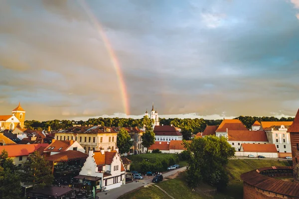 Luftaufnahme Des Doppelten Regenbogens Über Kaunas Altstadt Kaunas Ist Die — Stockfoto