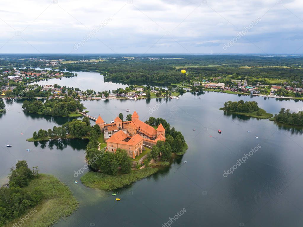 Drone aerial wiew of Trakai Island Castle and Galve lake in Trakai, Lithuania.