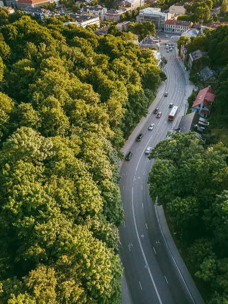 Winding road. Aerial view of Kaunas city center. Kaunas is the second-largest city in Lithuania and has historically been a leading centre of economic, academic, and cultural life