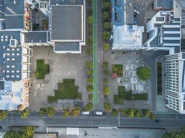 Student\'s Square. Aerial view of Kaunas city center. Kaunas is the second-largest city in country and has historically been a leading centre of economic, academic, and cultural life