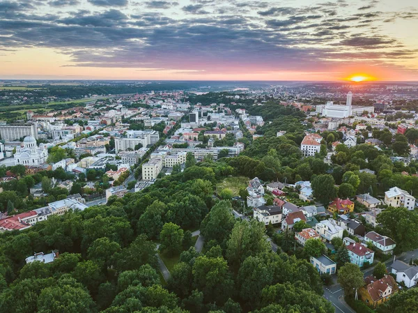 Summer sunset. Aerial view of Kaunas city center. Kaunas is the second-largest city in country and has historically been a leading centre of economic, academic, and cultural life