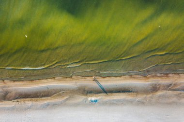 Plajda aşağı bakıyor. Drone havadan görünümü. Baltık Denizi kıyısında. Palanga, Litvanya