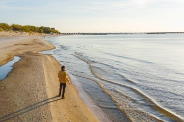 Yürüyen adam. Palanga Beach, Litvanya hava görünümünü robot. Baltık Denizi kıyısında.