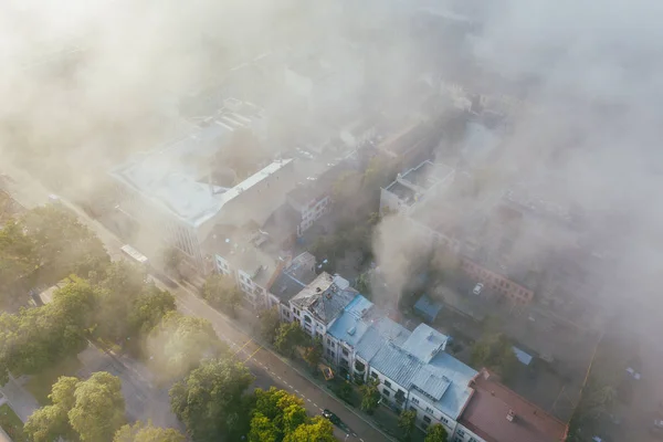 Manhã Enevoada Vista Aérea Drone Centro Cidade Kaunas Kaunas Segunda — Fotografia de Stock