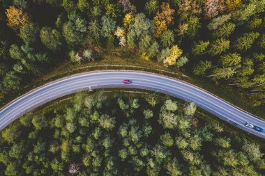 Ormanın içinden sürüş dolambaçlı yolda araçların havadan görünümü. Kaunas İlçesi, Litvanya