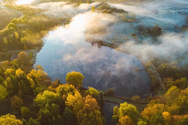 Drone Vista Aérea Campiña Lituania Otoño Mañana Amanecer — Foto de Stock