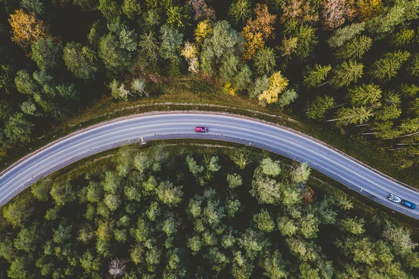 Ormanın içinden sürüş dolambaçlı yolda araçların havadan görünümü. Kaunas İlçesi, Litvanya