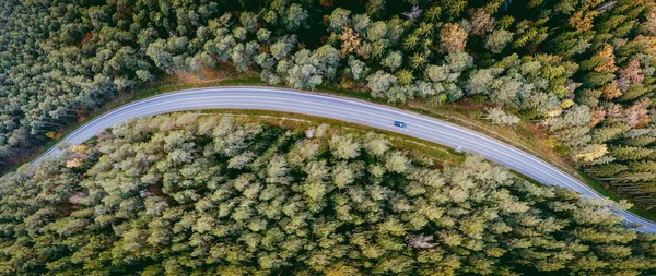 Aerial View Car Driving Forest Country Road Kaunas County Lithuania — Stock Photo, Image