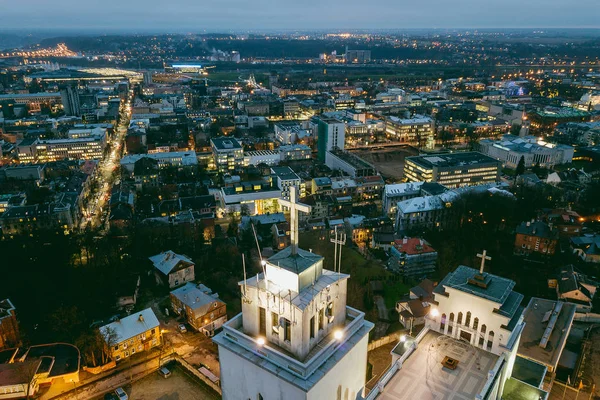 Drone Légifelvételek Kaunas Város Éjjel Litvánia — Stock Fotó