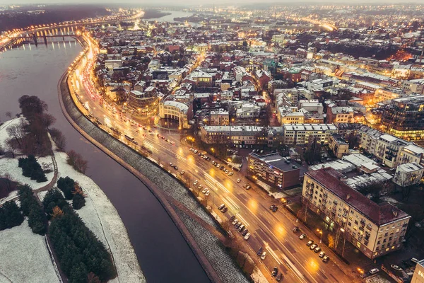 Drone Légifelvételek Kaunas Város Éjjel Litvánia — Stock Fotó