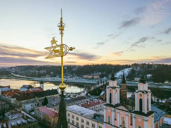 Крупный План Флюгера Вид Высоты Беспилотника Старый Город Каунаса Зимний — стоковое фото