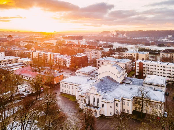 Drone Aerial View Kaunas City Cold Winter Morning Sunrise Moment — Stock Photo, Image