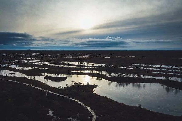 Drony Letecký Pohled Obrovské Bažiny Lotyšsku Velký Kemeri Bog Boardwalk — Stock fotografie