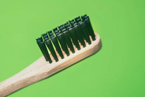 Bamboo Toothbrush Closeup View Isolated Green Background — Stock Photo, Image