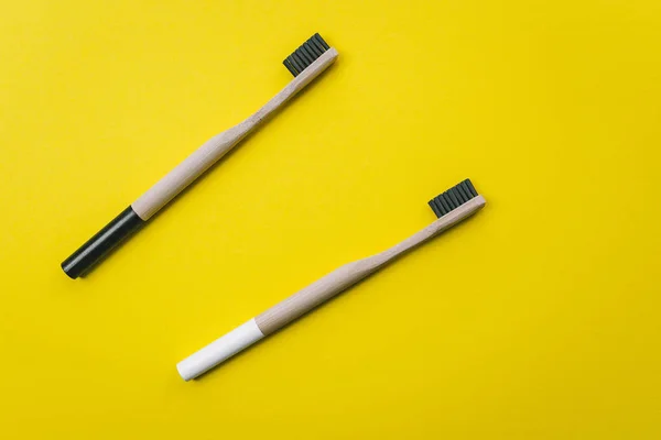 Bamboo Toothbrush Isolated Yellow Background — Stock Photo, Image