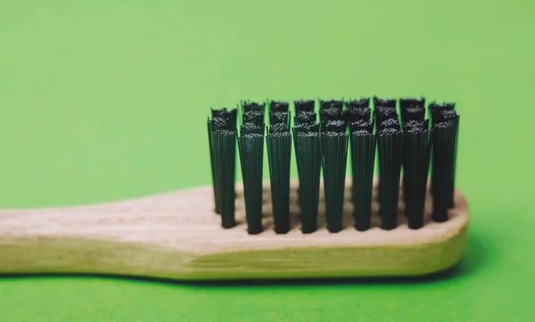 Bamboo Toothbrush Closeup View Isolated Green Background — Stock Photo, Image